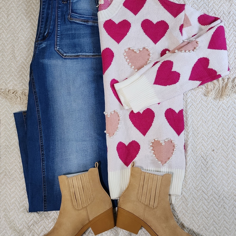 BiBi Pink and White Colorblock Valentine Heart Sweater With Pearls
